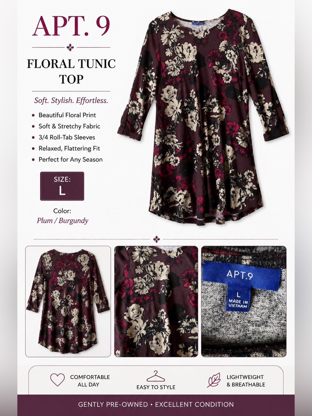 Apt. 9 Burgundy Floral 3/4 Sleeve Tunic